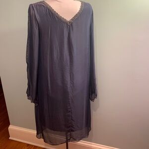 M Made in Italy blue silk blend Womens S lined v-neck sheer dress lace trim